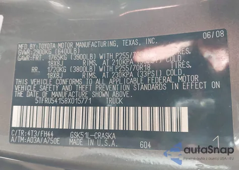 2008 Toyota Tundra Base V6 from USA, damaged, VIN 5TFRU54158X015771